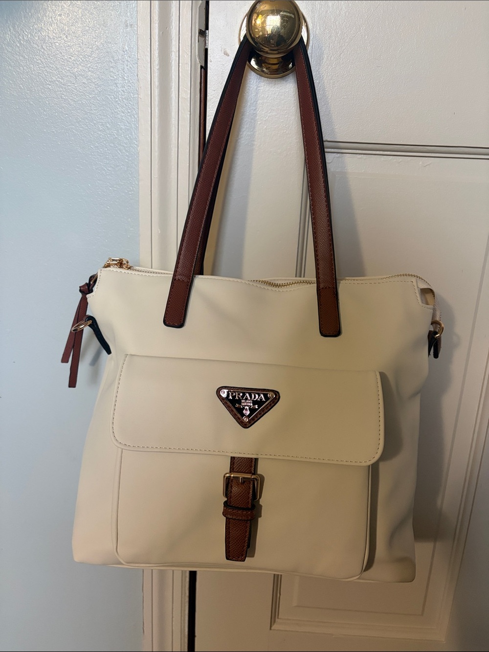 Prada Cream Tote with Brown Trim and Gold Hardware